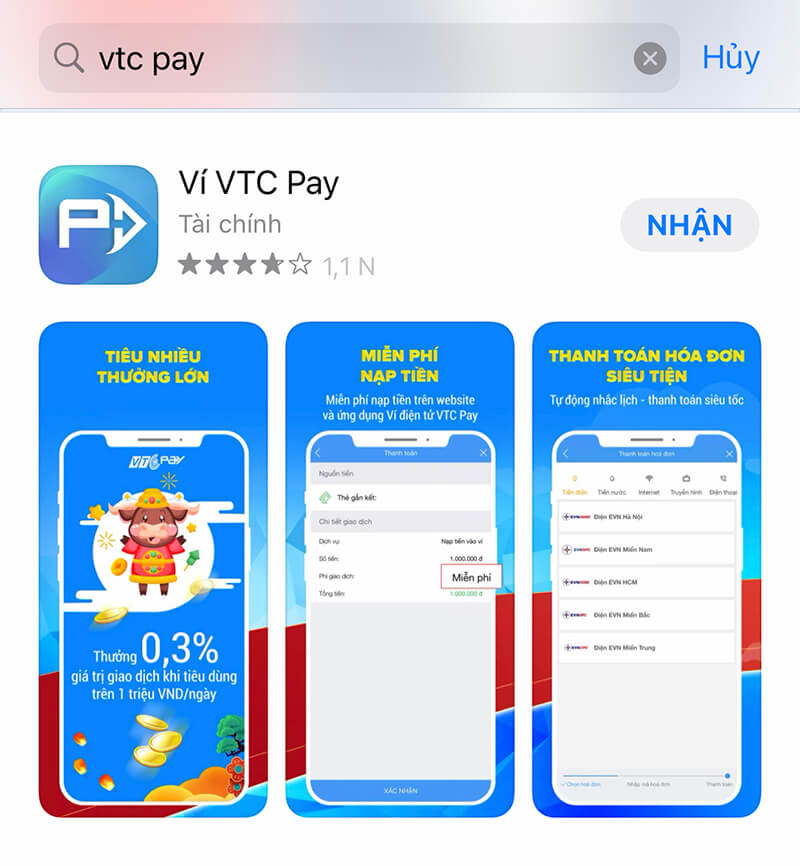 Giao diện của ứng dụng VTCPay trên Appstore
