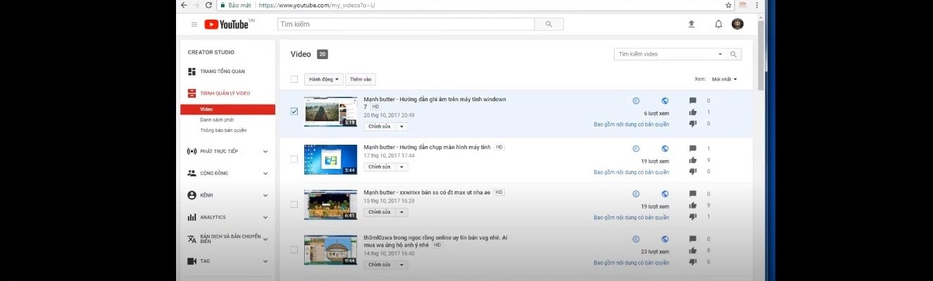 chọn những video cần xóa đã tải lên Youtube